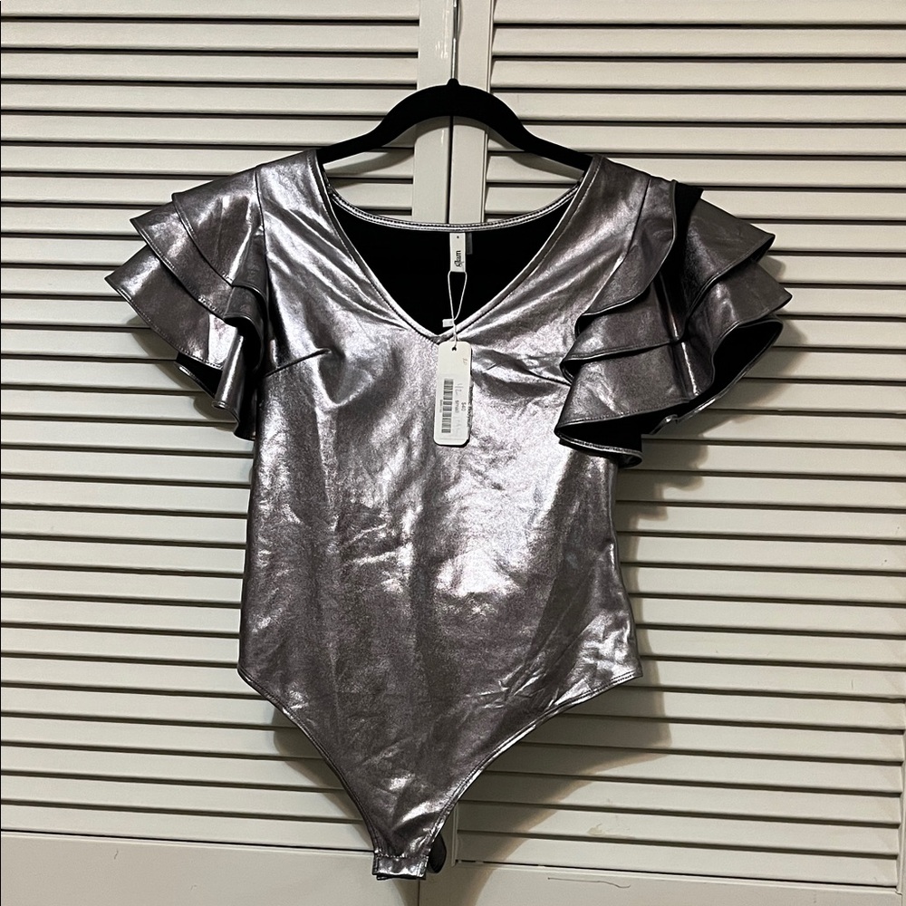 Glam Metallic Silver Ruffle Sleeve Bodysuit